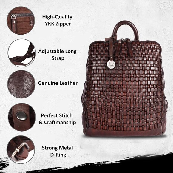 Women and Men Brown 12.5 Inch Leather Backpack with Adjustable Shoulder Strap - Picture 2 of 9